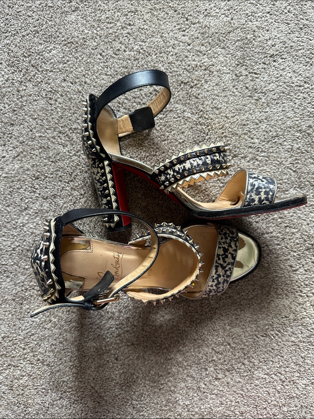 Christian Louboutin Montezumina Black Studded Leopard-Print High Heel Sandals